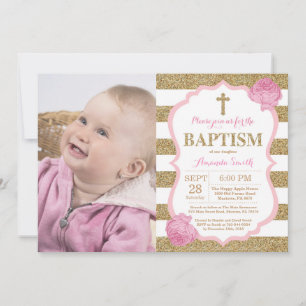 Roze en Gold Glitter Baptism Invitation Kaart