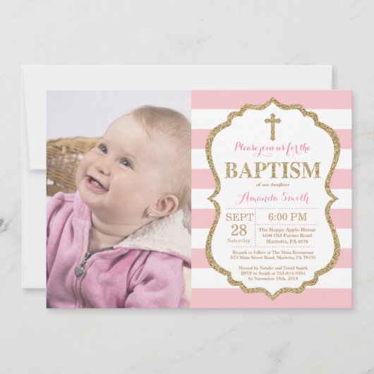 Roze en Gold Glitter Baptism Invitation Kaart (Voorkant)