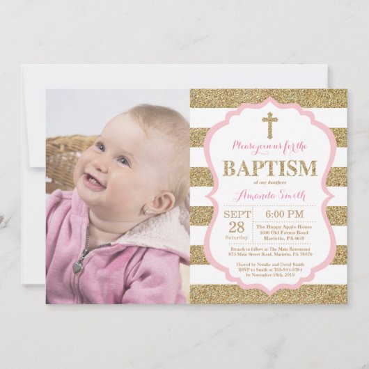 Roze en Gold Glitter Baptism Invitation Kaart (Voorkant)