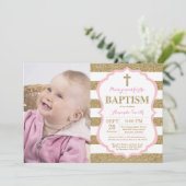 Roze en Gold Glitter Baptism Invitation Kaart (Staand voorkant)