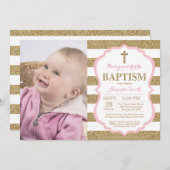 Roze en Gold Glitter Baptism Invitation Kaart (Voorkant / Achterkant)