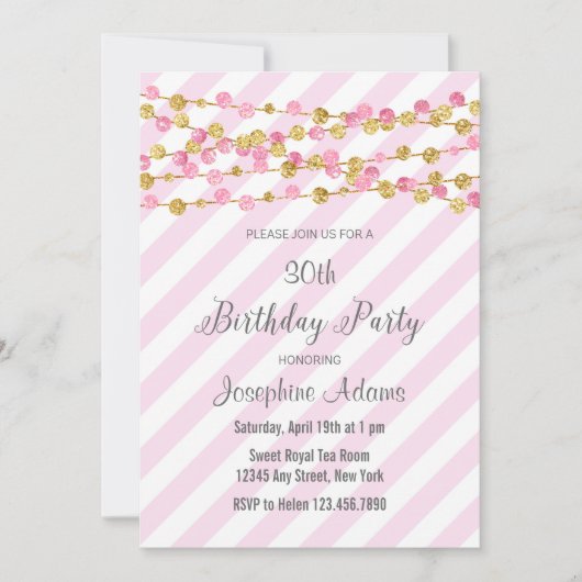 Roze en Gold Glitter Birthday Invitation Kaart (Voorkant)