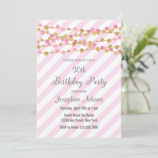 Roze en Gold Glitter Birthday Invitation Kaart (Staand voorkant)