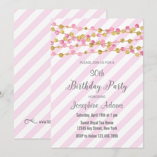 Roze en Gold Glitter Birthday Invitation Kaart (Voorkant / Achterkant)
