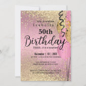 Roze en Gold Glitter Birthday Invitation Kaart (Voorkant)