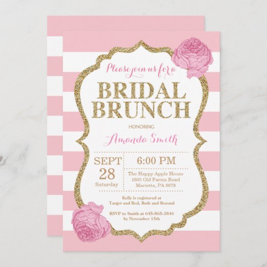 Roze en Gold Glitter Bridal Brunch Uitnodiging (Voorkant / Achterkant)