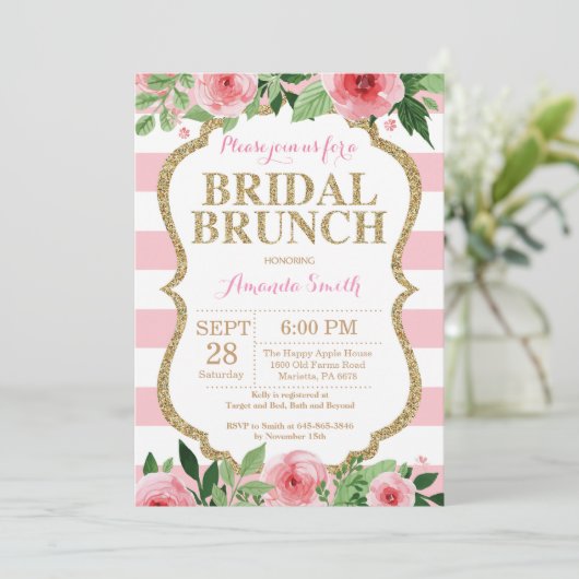 Roze en Gold Glitter Bridal Brunch Uitnodiging (Staand voorkant)