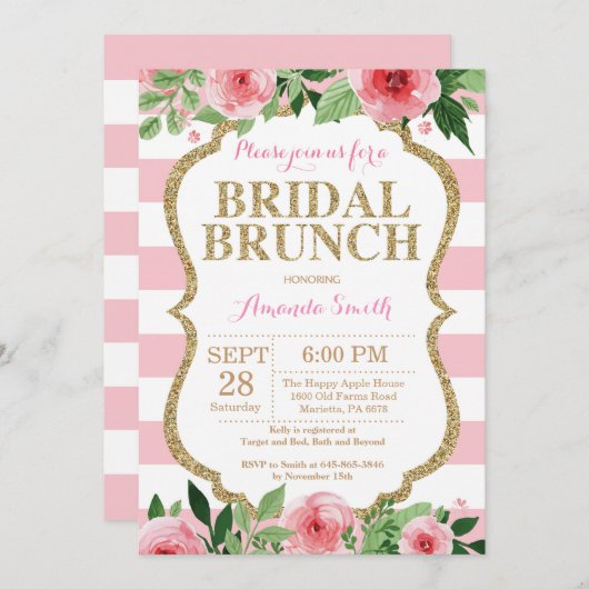 Roze en Gold Glitter Bridal Brunch Uitnodiging (Voorkant / Achterkant)