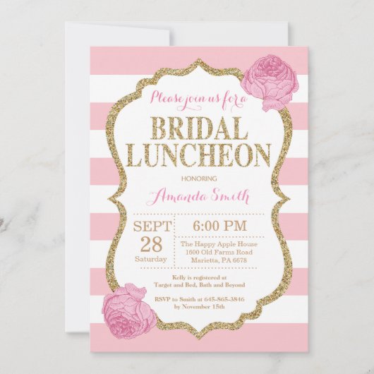 Roze en Gold Glitter Bridal Luncheon Uitnodiging (Voorkant)