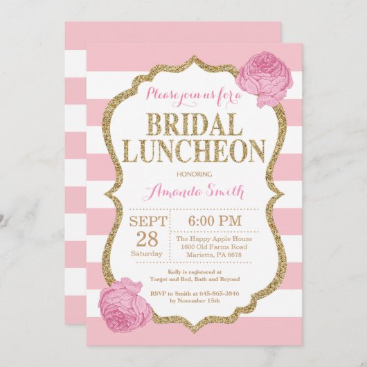 Roze en Gold Glitter Bridal Luncheon Uitnodiging (Voorkant / Achterkant)