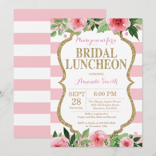 Roze en Gold Glitter Bridal Luncheon Uitnodiging (Voorkant / Achterkant)