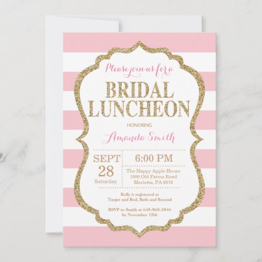 Roze en Gold Glitter Bridal Luncheon Uitnodiging (Voorkant)