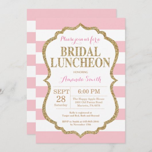 Roze en Gold Glitter Bridal Luncheon Uitnodiging (Voorkant / Achterkant)