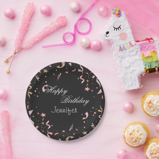 Roze en Gold Glitter-Confetti op zwarte achtergron Papieren Bordje (Feest)