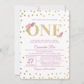 Roze en Gold Glitter First Birthday Uitnodiging (Voorkant)