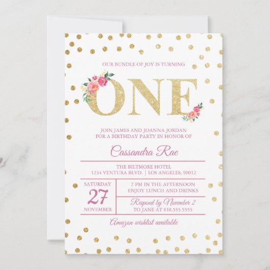 Roze en Gold Glitter First Birthday Uitnodiging (Voorkant)