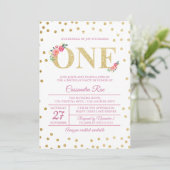 Roze en Gold Glitter First Birthday Uitnodiging (Staand voorkant)