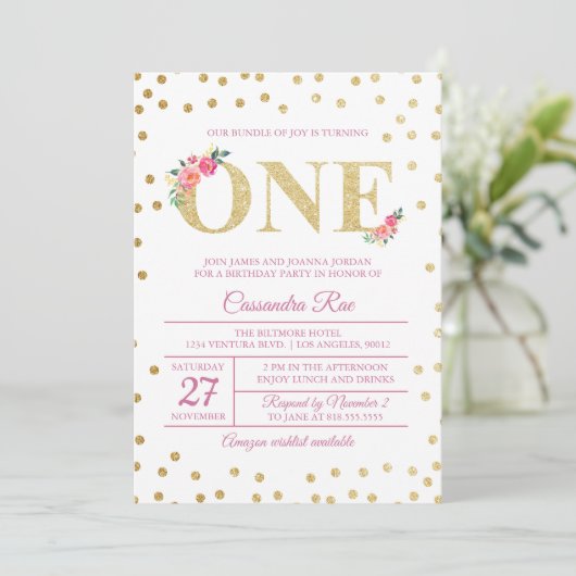 Roze en Gold Glitter First Birthday Uitnodiging (Staand voorkant)