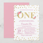 Roze en Gold Glitter First Birthday Uitnodiging (Voorkant / Achterkant)