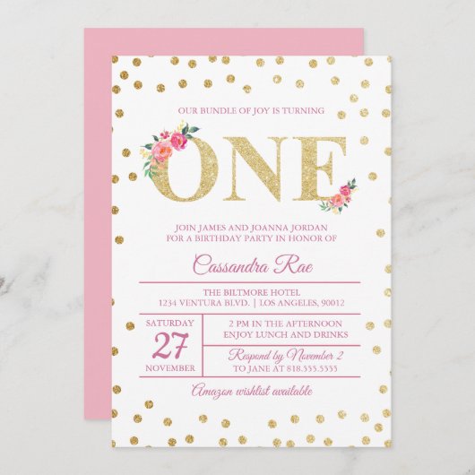 Roze en Gold Glitter First Birthday Uitnodiging (Voorkant / Achterkant)