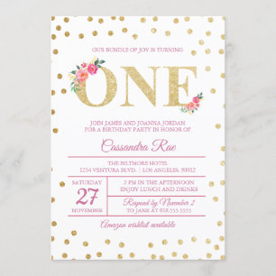 Roze en Gold Glitter First Birthday Uitnodiging