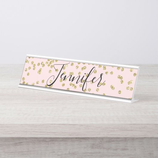 Roze en Gold Glitter Name Bord Bureau Naambordje (Voorkant)