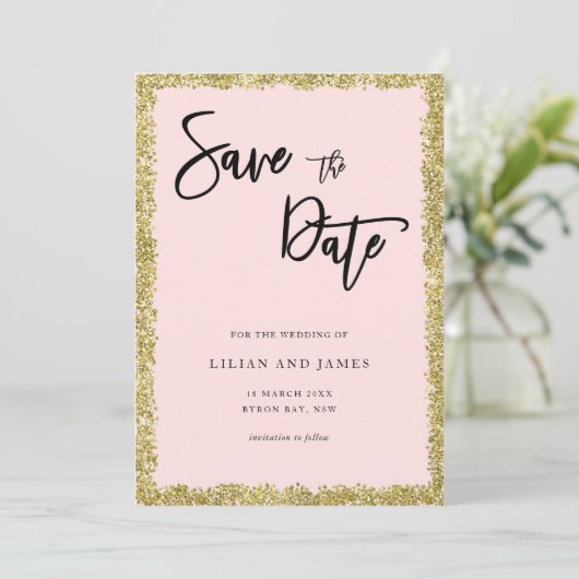 Roze en Gold Glitter Sla de datum op Kaart (Staand voorkant)