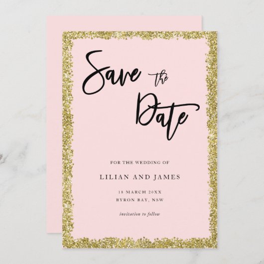 Roze en Gold Glitter Sla de datum op Kaart (Voorkant / Achterkant)