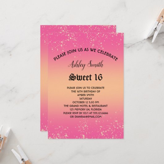 Roze en Gold Glitter Sweet 16 Uitnodiging (Voorkant / Achterkant in situ)