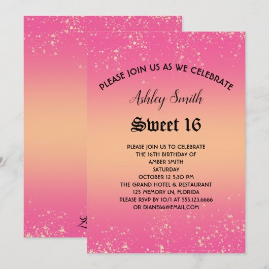 Roze en Gold Glitter Sweet 16 Uitnodiging (Voorkant / Achterkant)