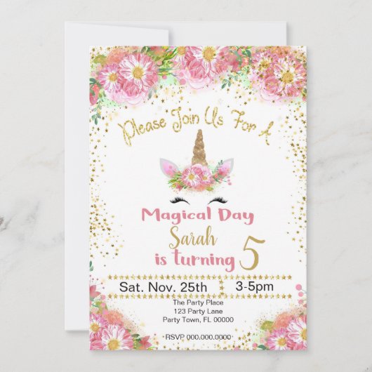 Roze en Gold Glitter Unicorn Birthday Invitation Kaart (Voorkant)