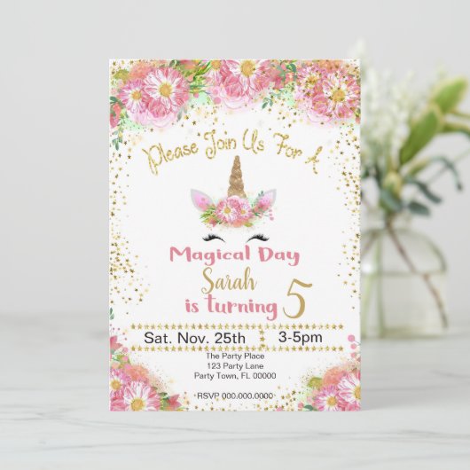 Roze en Gold Glitter Unicorn Birthday Invitation Kaart (Staand voorkant)