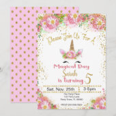 Roze en Gold Glitter Unicorn Birthday Invitation Kaart (Voorkant / Achterkant)