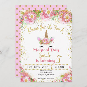 Roze en Gold Glitter Unicorn Birthday Invitation Kaart