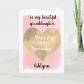 Roze en Gold Happy 14th Birthday Kleindochter Kaart (Voorkant)