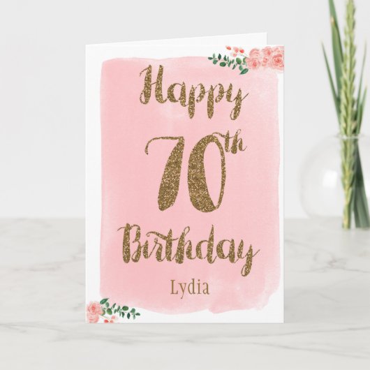Roze en Gold Happy 70th Birthday Card Kaart (Voorkant)
