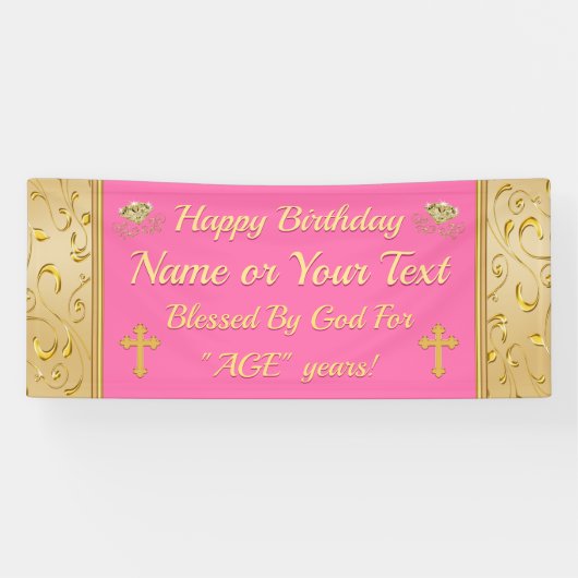 Roze en Gold Happy Birthday-banner, Christelijk Spandoek (Horizontaal)