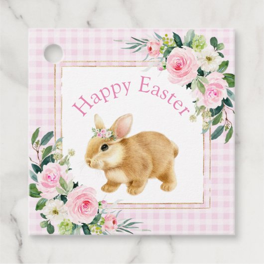 Roze en Gold Happy Paast Bunny Bedankjes Labels (Voorkant)