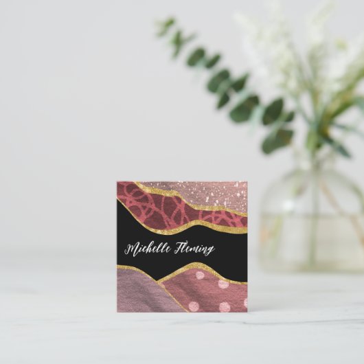 Roze en Gold Linen Fabric Denim Vierkante Visitekaartje (Staand voorkant)