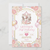 Roze en Gold Magical Carrousel Birthday Invitation Kaart (Voorkant)