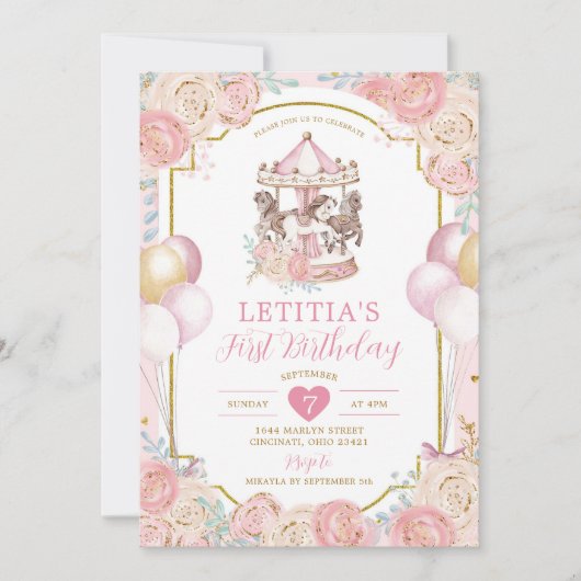 Roze en Gold Magical Carrousel Birthday Invitation Kaart (Voorkant)