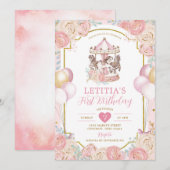 Roze en Gold Magical Carrousel Birthday Invitation Kaart (Voorkant / Achterkant)