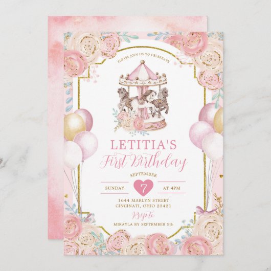 Roze en Gold Magical Carrousel Birthday Invitation Kaart (Voorkant / Achterkant)