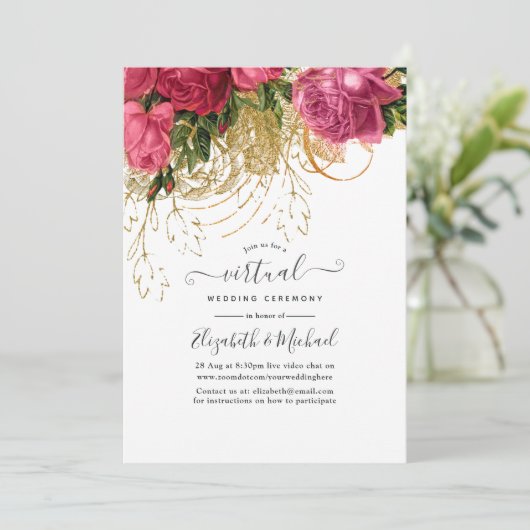  roze en Gold online virtueel huwelijk Kaart (Staand voorkant)