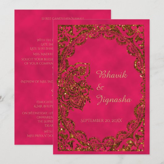 Roze en Gold Peacock Indian Wedding Invitation Kaart (Voorkant / Achterkant)