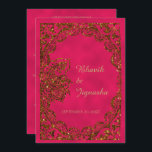Roze en Gold Peacock Indian Wedding Invitation Kaart<br><div class="desc">Dit elegante ontwerp, genaamd Pink and Gold Peacock Indian Wedding, heeft een roze achtergrond. Aan de voorkant van de uitnodiging is er een goudglitter-vormig grensontwerp met een mooie pauw rechts. Onderaan staat de naam van het stel in goud. De achterkant heeft een roze achtergrond met jouw tekst in goud. Deze...</div>