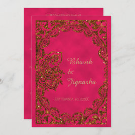 Roze en Gold Peacock Indian Wedding Invitation Kaart