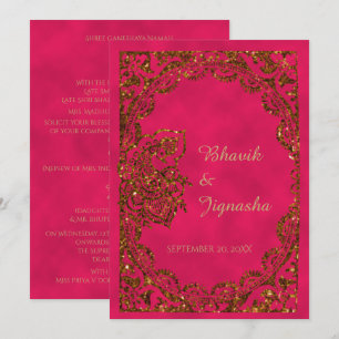 Roze en Gold Peacock Indian Wedding Invitation Kaart