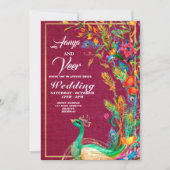 Roze en Gold Peacock Indian Wedding Invitation Kaart (Voorkant)