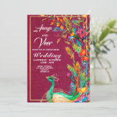 Roze en Gold Peacock Indian Wedding Invitation Kaart (Staand voorkant)